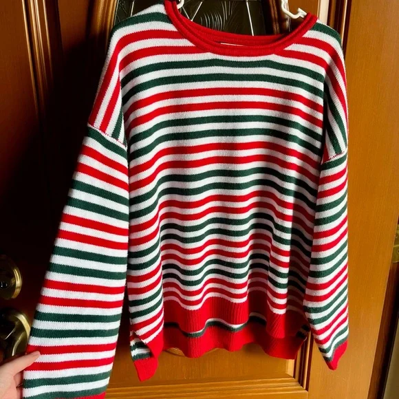 Haptics Striped Crewneck Sweater in Red, Green & White Size 1X - Picture 3 of 6